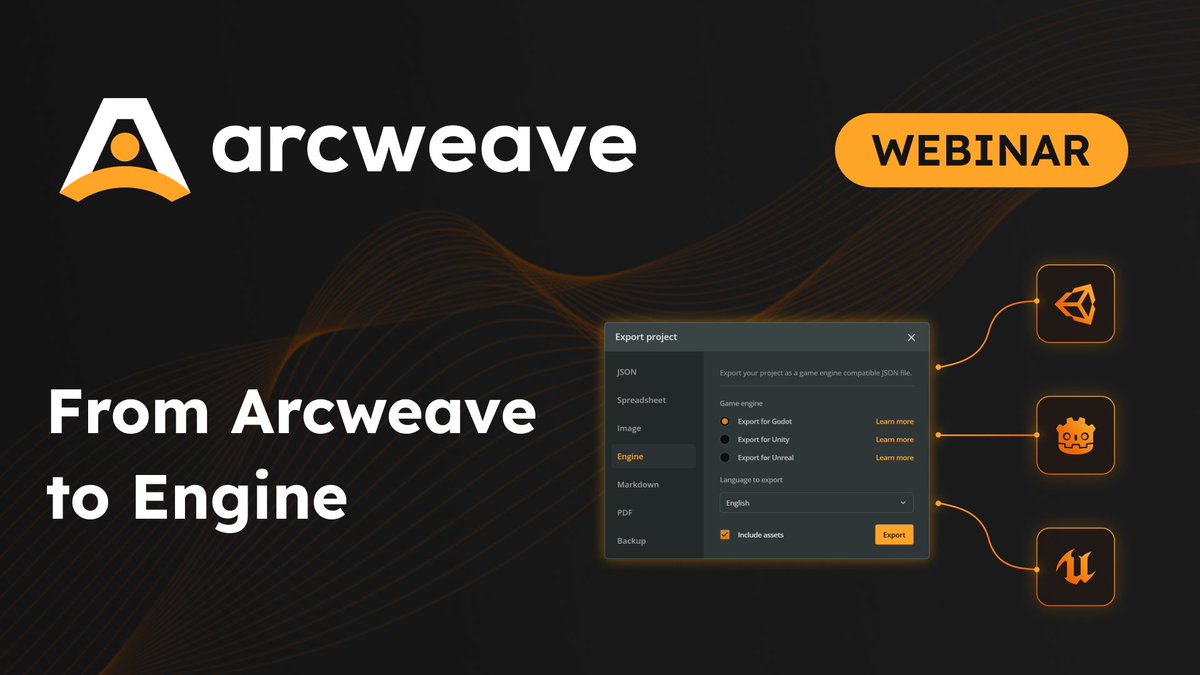 arcweave's tweet photo. Join our webinar on efficient game engine integration! Happening 📆TOMORROW, live on Discord 🕕6PM CEST.

Free to attend, no registration. 
Link in the first comment 👇

#arcweave #interactivenarrative #gamedev #narrativedesign #webinar #seriousgames https://t.co/JVdqW7b4WB