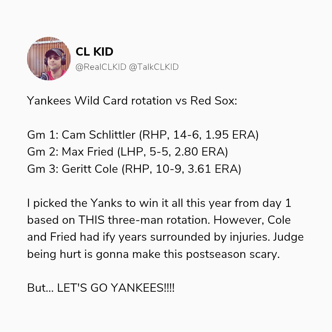RealCLKid's tweet photo. Playoff time baby! Let's go @Yankees ! https://t.co/YcojoEzEy0