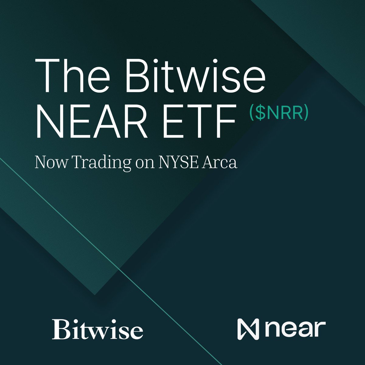 NEARProtocol's tweet photo. The Bitwise NEAR ETF ($NRR), the first spot $NEAR ETP in the US, is now trading on NYSE Arca.

It gives institutions straightforward access to the protocol powering universal markets, the privacy renaissance, and user-owned AI. https://t.co/IwiqcZqohh