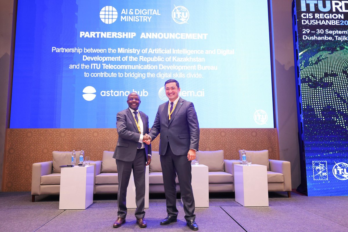 ITUBDTDirector's tweet photo. Pleased to announce that under the #Partner2Connect Digital Coalition, the Government of Kazakhstan is pledging to offer 100 training opportunities in digital technologies, programming & #AI for participants from African countries, with a focus on #LLDCs.
Worth CHF 100,000, the initiative will be delivered through @ITUDevelopment, leveraging Kazakhstan’s digital education ecosystem.
A concrete step forward for South-South cooperation and inclusive digital transformation. #ITURDF
@Ai_digital_kz @KazakhPM_UNOG @KAZAKHSTAN_WTO @astanahub