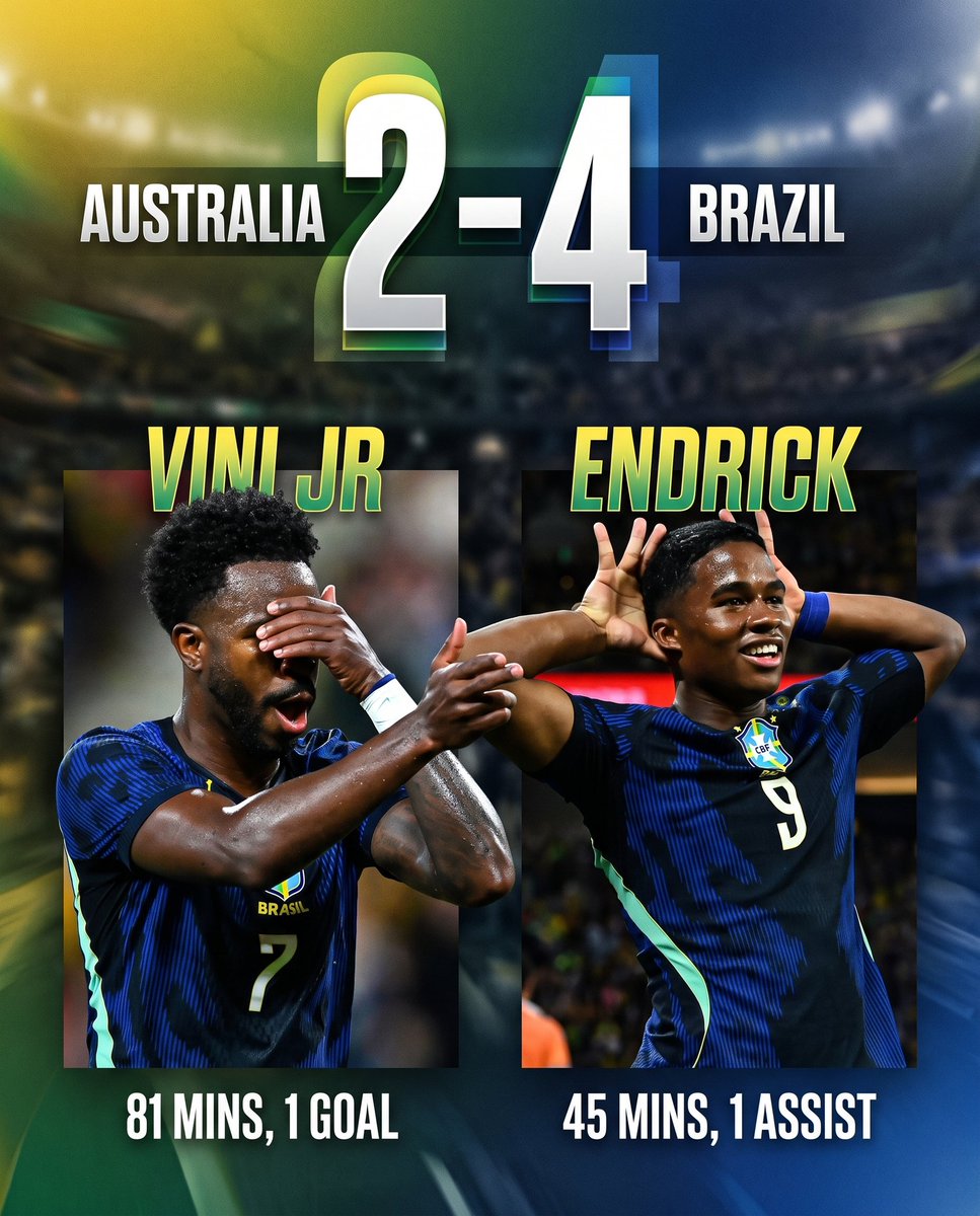 samipress's tweet photo. Australia 2-4 Brazil 🇧🇷

Vini Jr - 81 mins, 1 goal. 🔫
Endrick - 45 mins, 1 assist. ⭐️ https://t.co/Sx01Vcr6Pp