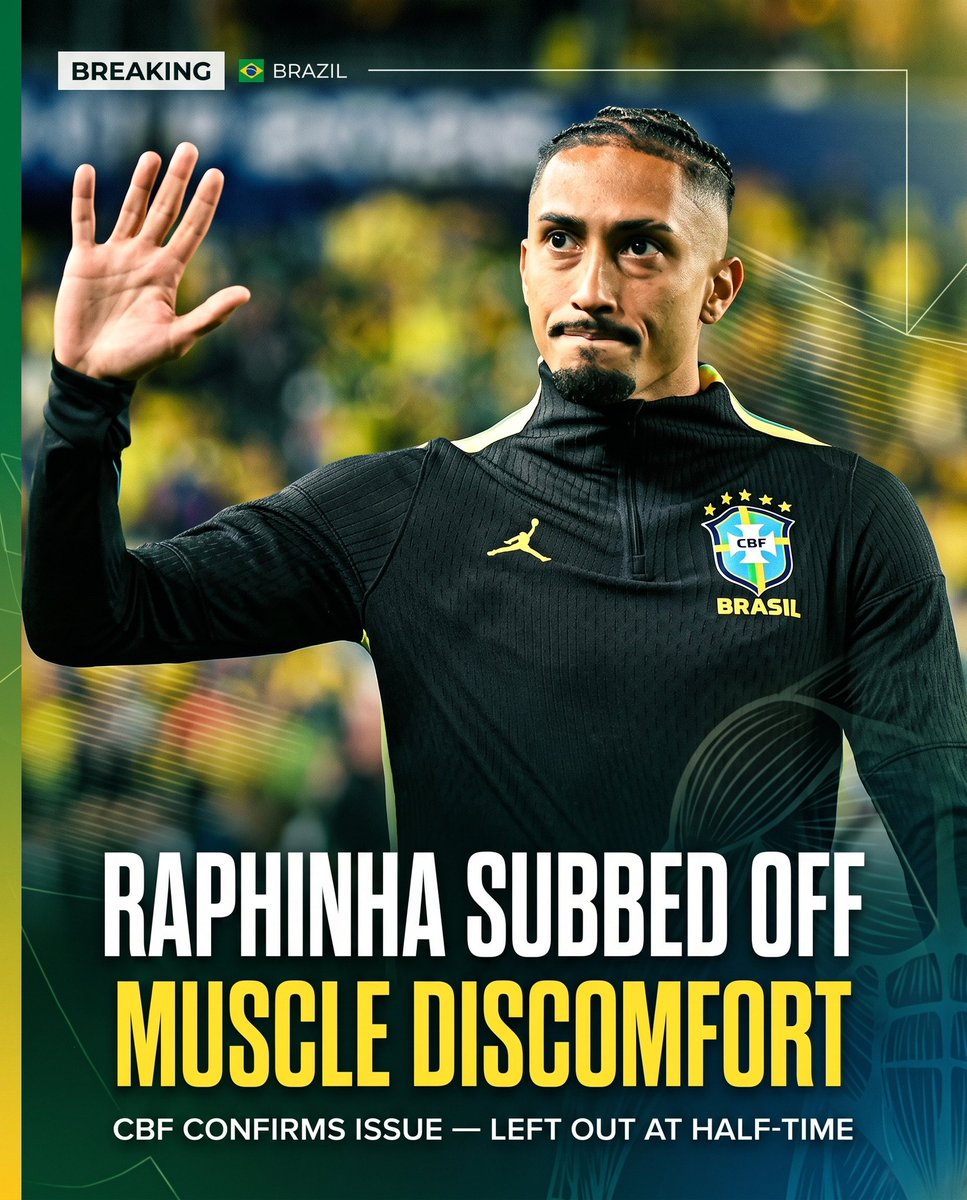 samipress's tweet photo. 🚨 𝐁𝐑𝐄𝐀𝐊𝐈𝐍𝐆: Raphinha, subbed off by Ancelotti with Brazil due to 𝐦𝐮𝐬𝐜𝐥𝐞 𝐝𝐢𝐬𝐜𝐨𝐦𝐟𝐨𝐫𝐭 — CBF confirms 🤕⚠️

The Brazilian Federation announces Raphinha felt an issue as no risks will be taken — he’s left out of the squad at half time.

Get well soon, Rapha! https://t.co/d92YUnYbLc