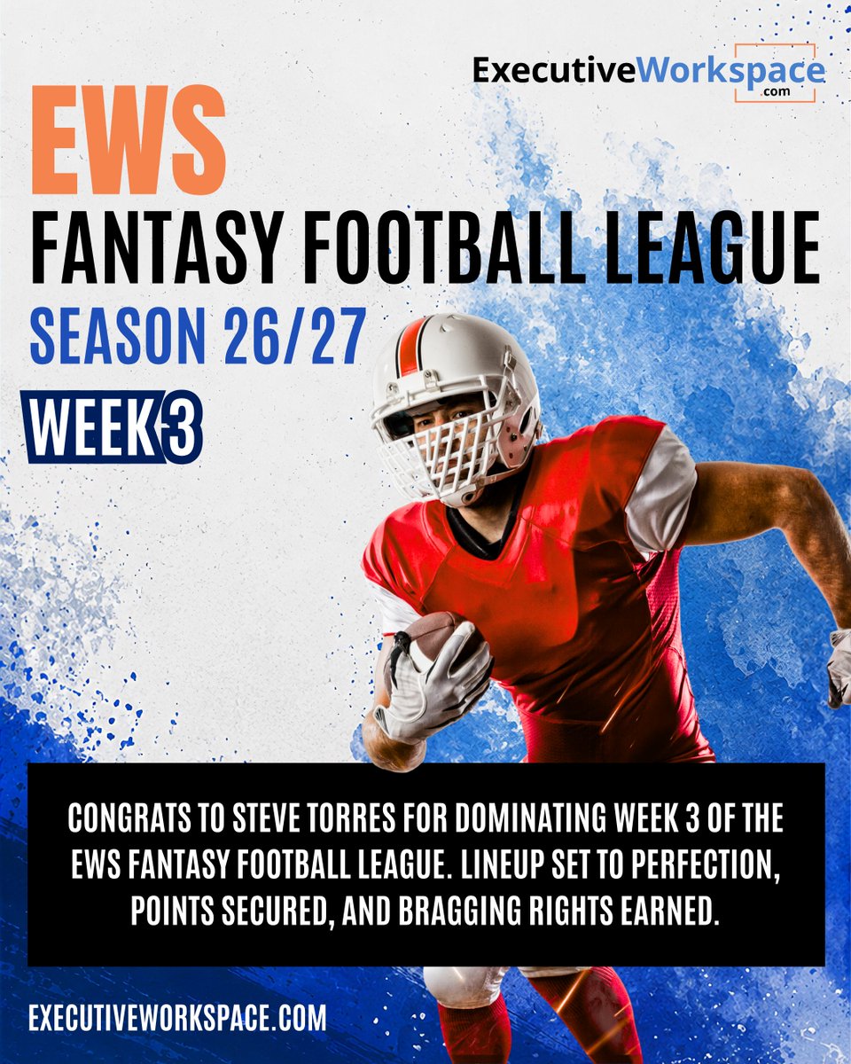 executivework_'s tweet photo. Congrats to Steve Torres for dominating Week 3 of the EWS Fantasy Football League. Lineup set to perfection, points secured, and bragging rights earned.

#executiveworkspace #fantasyfootball #football #winner #success #cowboys #dallas #dfw #austin #officespace #business #NFL https://t.co/tGMCchBp3b
