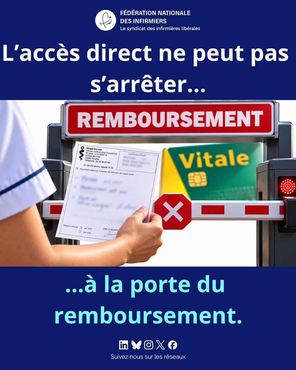 FNIofficiel's tweet photo. 💊 PRESCRIPTION INFIRMIÈRE : IL FAUT ALLER JUSQU’AU BOUT !

Les infirmiers peuvent désormais prescrire davantage.

Mais reconnaître un droit de prescription sans garantir la prise en charge des produits prescrits, c’est créer un droit… qui peut rester théorique pour le patient.

👉 Un patient ne doit pas avoir à retourner chez son médecin simplement pour obtenir une ordonnance permettant le remboursement d’un produit que son infirmier est pourtant autorisé à prescrire.

Ce serait un non-sens :
🔹 pour le patient, avec un parcours inutilement compliqué ;
🔹 pour l’infirmier, dont la compétence serait reconnue mais entravée ;
🔹 pour le médecin, mobilisé pour refaire une ordonnance ;
🔹 pour notre système de santé, qui cherche justement à libérer du temps médical.

La FNI demande donc une mise en cohérence rapide des règles de remboursement avec les nouvelles compétences infirmières, des consignes nationales claires de l’Assurance maladie et l’adaptation des systèmes informatiques.

Reconnaître une compétence, c’est aussi permettre aux patients d’en bénéficier pleinement.

#FNI #Infirmiers #IDEL #PrescriptionInfirmière #AccèsDirect #Santé #Soins #AssuranceMaladie #ParcoursDeSoins