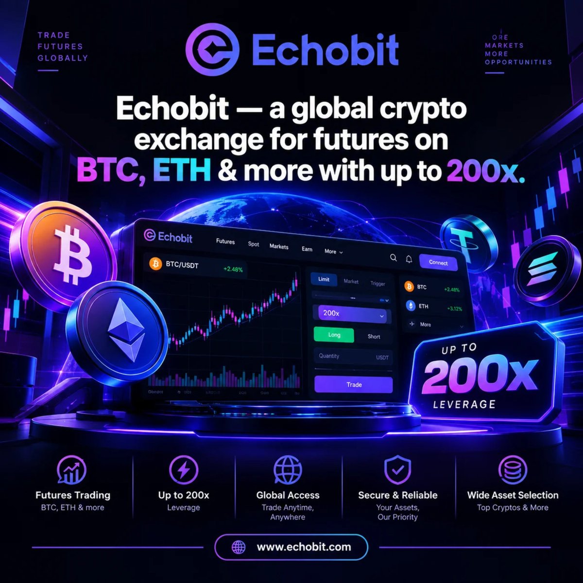 JareinJ's tweet photo. When BTC starts moving fast, the exchange you’re using suddenly matters a lot more. ⚡️

That’s the angle I’d look at with @EchobitExchange.

Echobit is built for traders who want access to BTC, ETH and other crypto markets, including Futures with leverage of up to 200x.

But leverage alone doesn’t make a Futures platform interesting.

Execution does.

Echobit says its infrastructure can handle 100,000+ orders per second, with a stated system response of under 0.001ms and stable spreads below 0.01%.

It also gives traders tools for position management, including cross/isolated margin and TP/SL.

Then there’s the wider setup.

When you’re not trading Futures, you can move into Spot, Copy Trading, Strategy or Earn without leaving the ecosystem.

That’s a useful setup for traders whose strategy changes with the market.

High leverage is only one piece of the puzzle. Market access, execution, controls and flexibility matter too.

That’s why Echobit is worth keeping on the radar.

👉 https://t.co/liuptzVy8k