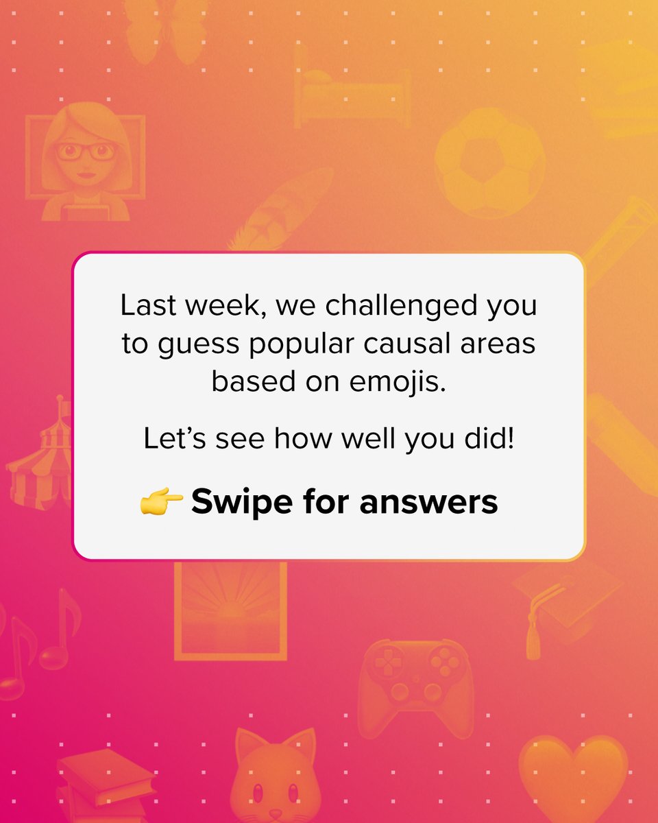 wearecharitable's tweet photo. The answers are in! Did you guess them all?

Swipe to see the 5 causal areas behind the emojis from last week’s game. 🙌✨

Now it’s your turn: share your favourite cause area in 4 emojis, and we’ll try to guess it in the comments below. 🔍🎉 https://t.co/geUswRf1Lk