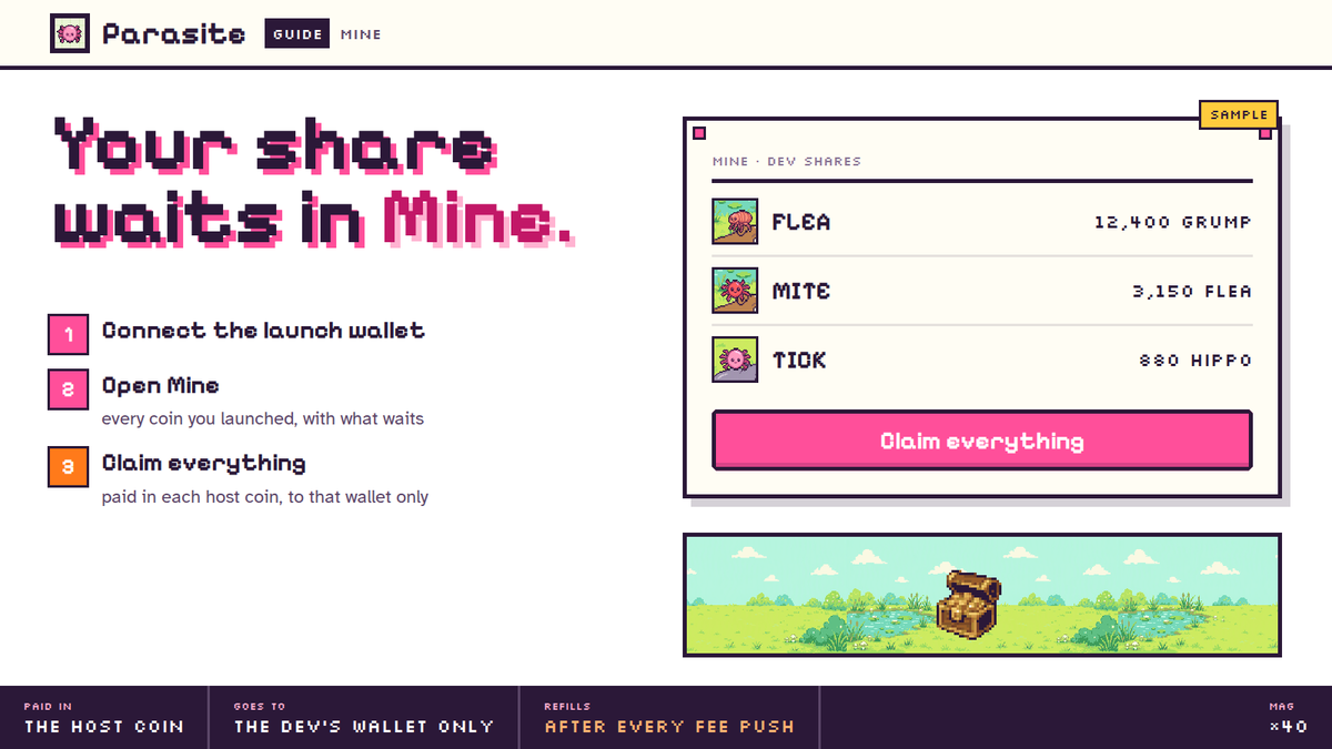 parasitedotfun's tweet photo. Launched a parasite? Your dev share waits in Mine.

Connect the wallet you launched with and open Mine. Every coin you launched is listed with what is waiting, in its host coin.

One button, Claim everything, sends all of it to that wallet. Nobody else can receive it. New shares land after every fee push.