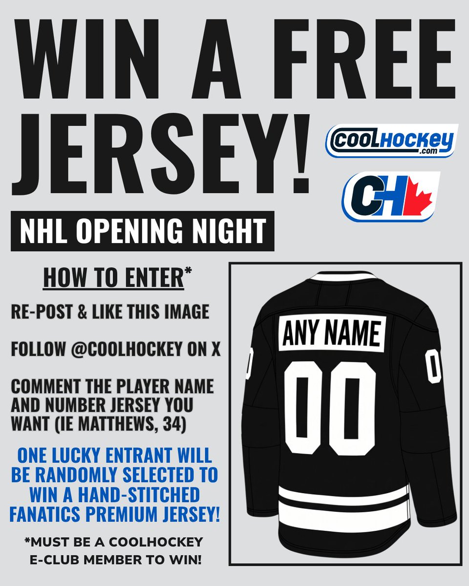 CoolHockey's tweet photo. 🚨WIN A FREE JERSEY! 🚨 

It's NHL Opening Night and we're celebrating by giving away a hand-stitched Fanatics Premium jersey! 🙌

How To Enter: 
- Re-post this image
- Follow us on X 
- Comment the player name and number of the jersey you want to win

We'll pick one lucky winner randomly from the comments! ✅