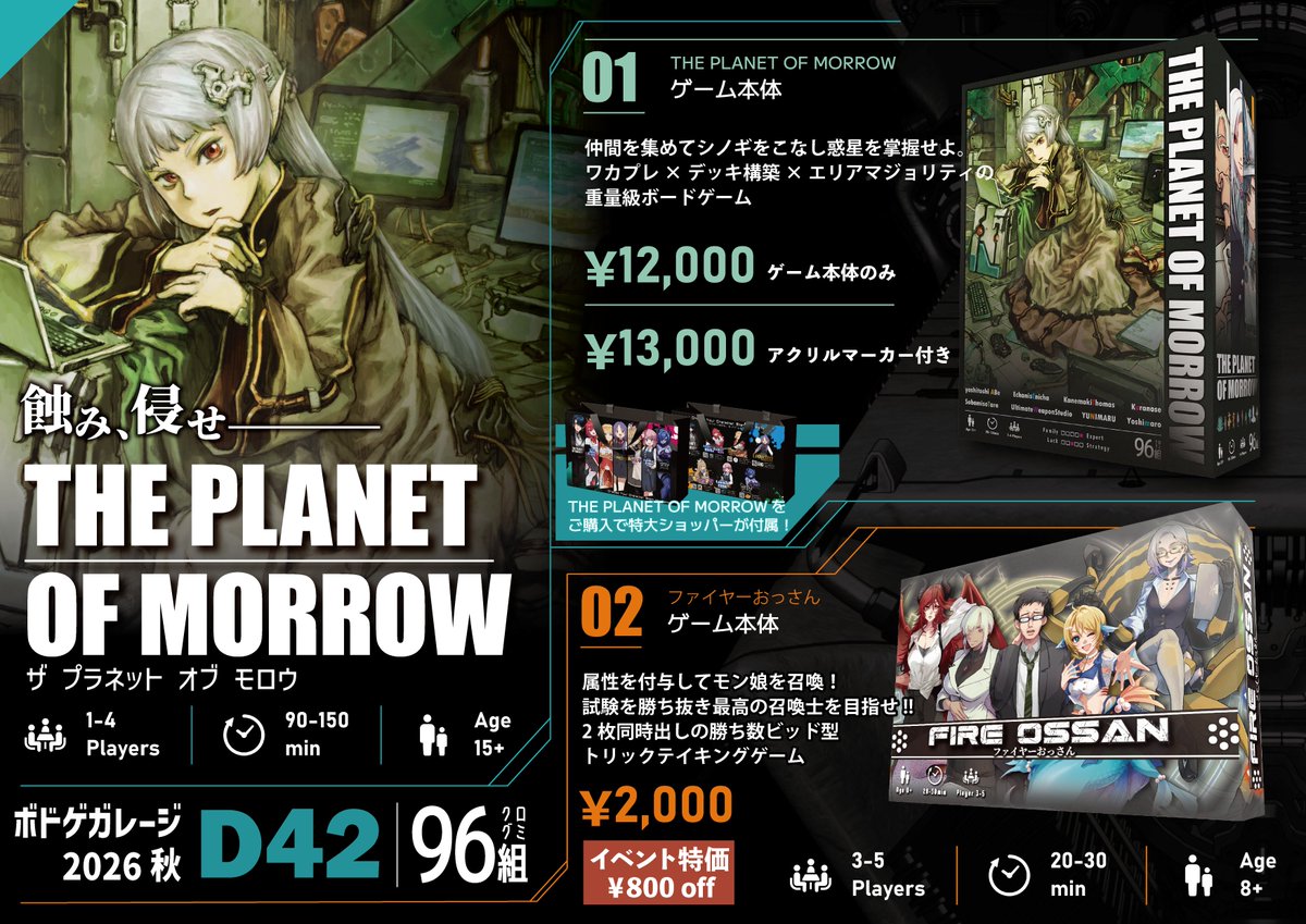 96gumi1's tweet photo. 《お品書き公開》
10/4(日)開催の #ボドゲガレージ2026秋 に
96組は【D42】で出展します！

ワカプレ×デッキ構築の重量級ボドゲ
『THE PLANET OF MORROW（プラネモ）』に加え、
旧作『ファイヤーおっさん』もイベント特価で持ち込みます！

当日はよろしくお願いします！

イベント詳細はリプ欄から https://t.co/o9G3rPKw87