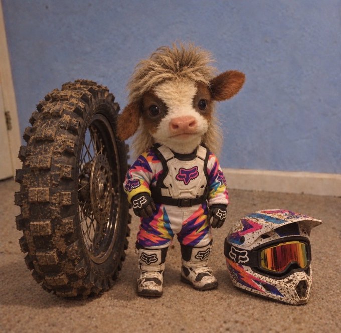 A highland cow plush toy dressed in a colorful Fox Racing motocross outfit stands next to a muddy dirt bike tire and a matching helmet, complete with mirrored goggles. The "born for this" caption perfectly captures the plush's fierce, ready-to-ride persona despite its fluffy, adorable appearance.