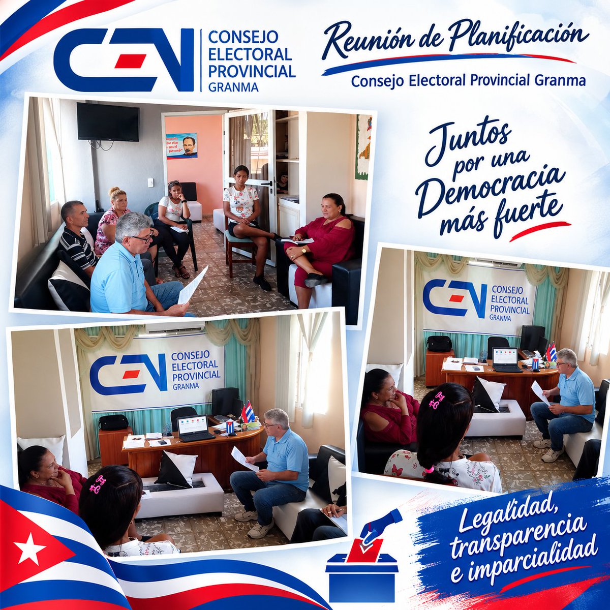 CEPGranma's tweet photo. Reunión de planificación en el Consejo Electoral Provincial Granma, para coordinar acciones y dar seguimiento a las principales tareas del órgano electoral en el territorio.
Legalidad, transparencia e imparcialidad #EleccionesEnCuba #JuntosPorLaDemocracia @LuisGui06196604 https://t.co/c0xryEgTB2