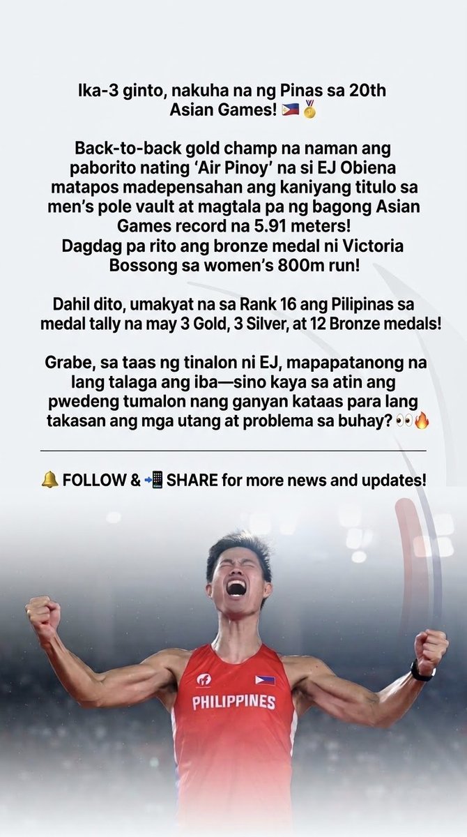 luisito_ako's tweet photo. 3rd Gold ng Pinas! 🇵🇭 Sinu-sino kaya ang pwedeng tumalon kasama ni EJ? 😂
​
​#EJObiena #AsianGames2026 #PinoyPride #LakasNgPilipino https://t.co/HEYqicMjvJ