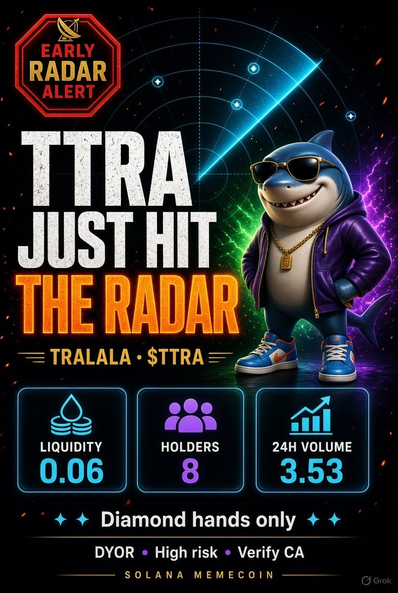 PromoteMyMemes's tweet photo. Here’s a ready-to-post image graphic plus caption text you can copy.

Loading image
Copy-paste caption

🚨🔥 TTRA JUST HIT THE RADAR 🔥🚨

🪙 TRALALA · $TTRA

💧 Liquidity: 0.06
👥 Holders: 8
📊 24H Volume: 3.53
⚡ Diamond hands only 💎
👀 EARLY RADAR ALERT
A fresh token worth checking out — watch the chart, volume & community activity.

🔍 DYOR. High-risk assets can move extremely fast.

━━━━━━━━━━━━━━
📜 CONTRACT ADDRESS
5yxpKuzjmiw3hpspZEE6xkUfQghXYRTQtaftoK2neuio

📊 CHART
https://t.co/8p01V3VSZy

🚀 TRADE
https://t.co/S4PIYdLOe3

━━━━━━━━━━━━━━
🔥 SPOTTED EARLY.
📈 WATCH THE MOMENTUM.
🔍 DO YOUR RESEARCH.

⚠️ Always verify the contract address before trading.
#Solana #Memecoin #TTRA