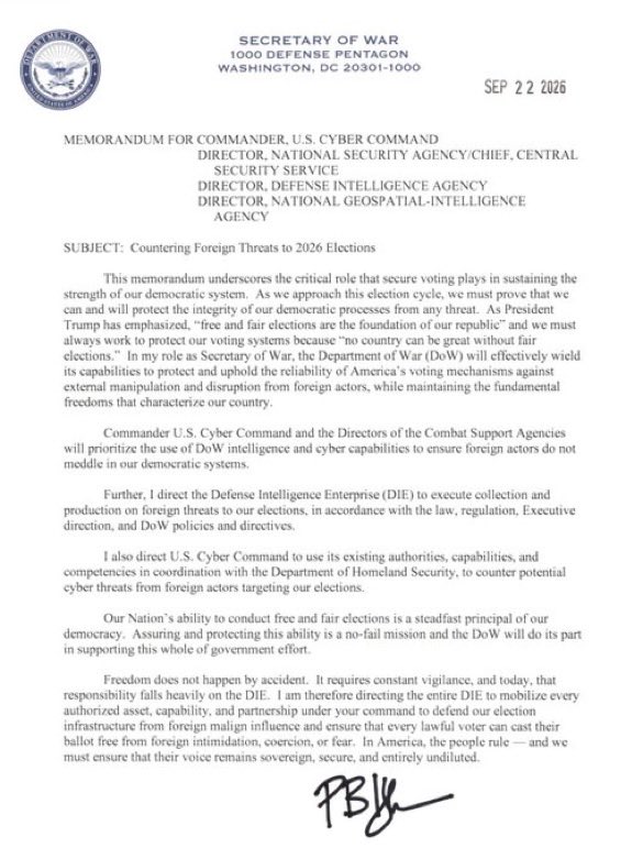 JewelsJonesLive's tweet photo. Pete Hegseth just ordered U.S. Cyber Command and the defense intelligence agencies to identify, disrupt and neutralize foreign interference in the midterms.

Not monitor it. Neutralize it.

Finally, a Defense Secretary treating our elections as worth defending. 💎 https://t.co/ER2EIY5cnL