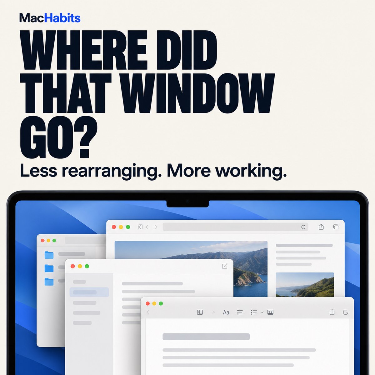 MacHabits's tweet photo. Twelve open windows. One MacBook screen. And the file you need is behind everything.

Try macOS window tiling: browser on one side, your work on the other. Give each window a place before adding another app.

Which window do you keep losing?

https://t.co/wH5NNAxDM3

#macOS https://t.co/G9v6FKzwfd