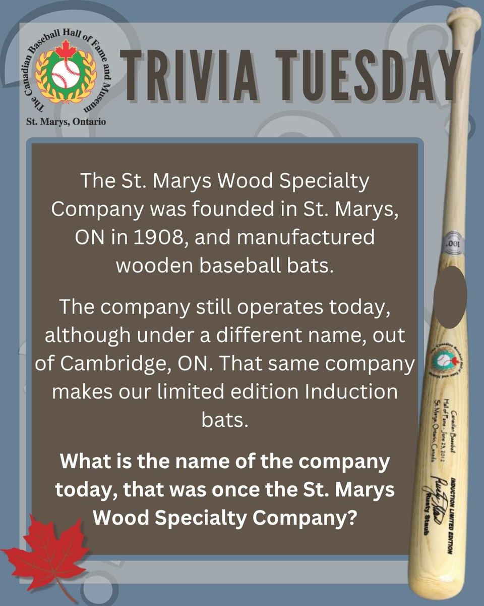 CDNBaseballHOF's tweet photo. For today's #TriviaTuesday we're asking about a piece of St. Marys baseball history! If you think you know the answer, comment your guess and check back next week for the answer ⚾
#trivia #baseballhistory #sportstrivia #baseballtrivia #canadianbaseball #baseballbatmaker https://t.co/lZoeLK7cfx