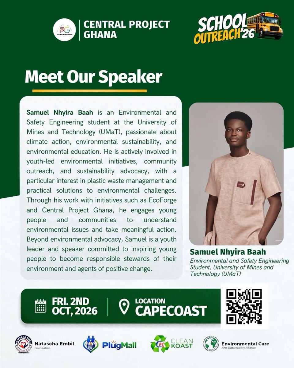 project_ghana1's tweet photo. SPEAKER ANNOUNCEMENT📣

Meet Samuel Nhyira Baah - Environmental &amp; Safety Engineer (UMaT), Climate Champion &amp; Youth Leader.

He's ready to inspire Cape Coast on plastic waste, sustainability &amp; climate action!💚

#SchoolOutreach26 #CapeCoast #Youth 
#CentralProjectGhana #Ghana https://t.co/r7avVhyZI2