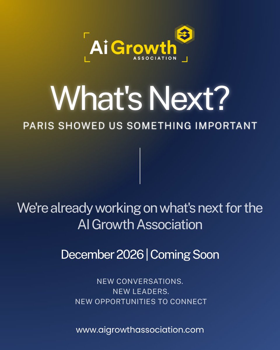 AiGrowthSummit's tweet photo. New conversations. New leaders. New opportunities.
We're building what's next for the AI Growth Association.

🚀 Coming Soon | December 2026

#AIGrowthAssociation #AI #GrowthLeadership https://t.co/8B1kph2ibO
