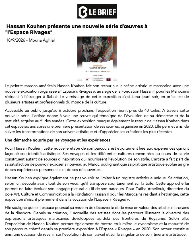 FH2MRE_MA's tweet photo. Revue de presse de l’exposition de Hassan Kouhen - Le Brief
https://t.co/CjFiuULzZC
#Art #Exposition #Vernissage #Culture #FH2MRE #EspaceRivages https://t.co/EqRFHd08mn