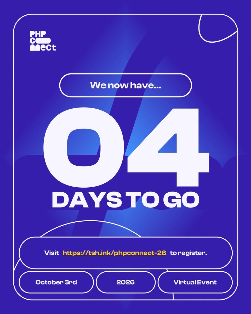 PhpTalks's tweet photo. 4 DAYS TO PHPConnect’26 🔥

We’re just 4 days away!

The speakers are ready. The partners are ready. The team is ready. And we’re putting the final touches on everything to make October 3 a day to remember.

Now, the countdown is getting real, and there’s just one question left…

Have you saved your seat? 👀

Get ready for a day of technical sessions, exciting conversations, community, competitions, and everything happening around this year’s theme: AI and the Engineer.

And yes, PHPConnect’26 is still 100% free and virtual!

📅 October 3, 2026 🎟️ Register now: https://t.co/3EpQIA6cvQ