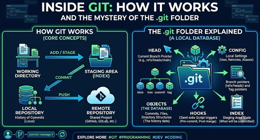 kshashi22's tweet photo. Ever wonder what’s actually happening under the hood when you use Git?
This infographic breaks down the entire process--
from moving files through your Working Directory to the mystery
Read on: https://t.co/IYg1juwNej
#Git #Programming #Coding #DevTips #SoftwareEngineering https://t.co/ZWWQIuXxVk