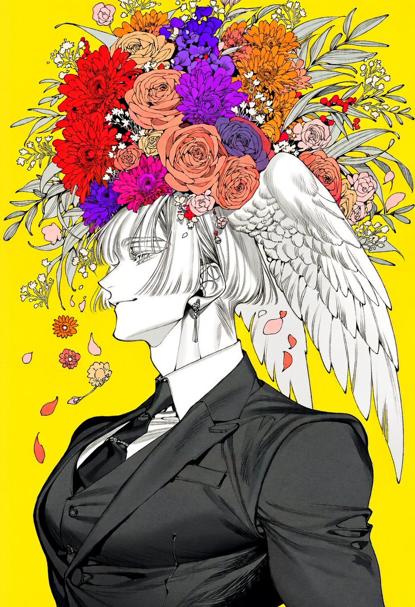 Un_jin_OAOa's tweet photo. 꽃을 얹은 남자 Prompt

strict side profile portrait, head tilted slightly upward, relaxed confident expression, faint smile,  enormous extravagant flower arrangement covering the top and back of the head, dense overflowing bouquet integrated around the hair, large roses, gerbera daisies, chrysanthemums, small wildflowers, long leaves and delicate flower stems,  bright red, coral, orange, magenta, violet and pale pink flowers, layered blossoms of different sizes, loose flower petals drifting through the air,  tailored black three piece suit, structured black blazer, fitted waistcoat, crisp white dress shirt, black necktie, sharp lapels, subtle silver tie pin,  elegant long earring, subtle silver accessories,  hair flowing backward behind the neck, flowers and hair creating a large dramatic silhouette,  chest up composition, strict side profile, character large in frame, flower arrangement occupying much of the upper half of the image,  solid vivid yellow background, clean empty backdrop,  bold saturated color contrast, vivid floral portrait, striking editorial composition,