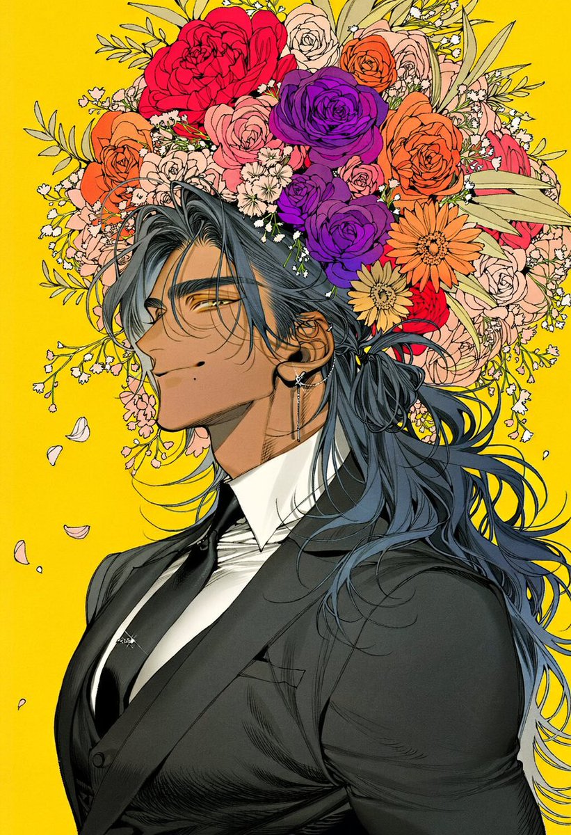 Un_jin_OAOa's tweet photo. 꽃을 얹은 남자 Prompt

strict side profile portrait, head tilted slightly upward, relaxed confident expression, faint smile,  enormous extravagant flower arrangement covering the top and back of the head, dense overflowing bouquet integrated around the hair, large roses, gerbera daisies, chrysanthemums, small wildflowers, long leaves and delicate flower stems,  bright red, coral, orange, magenta, violet and pale pink flowers, layered blossoms of different sizes, loose flower petals drifting through the air,  tailored black three piece suit, structured black blazer, fitted waistcoat, crisp white dress shirt, black necktie, sharp lapels, subtle silver tie pin,  elegant long earring, subtle silver accessories,  hair flowing backward behind the neck, flowers and hair creating a large dramatic silhouette,  chest up composition, strict side profile, character large in frame, flower arrangement occupying much of the upper half of the image,  solid vivid yellow background, clean empty backdrop,  bold saturated color contrast, vivid floral portrait, striking editorial composition,