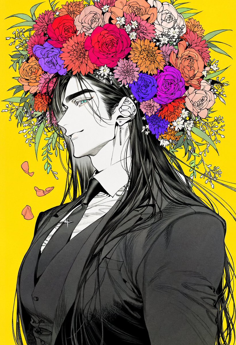 Un_jin_OAOa's tweet photo. 꽃을 얹은 남자 Prompt

strict side profile portrait, head tilted slightly upward, relaxed confident expression, faint smile,  enormous extravagant flower arrangement covering the top and back of the head, dense overflowing bouquet integrated around the hair, large roses, gerbera daisies, chrysanthemums, small wildflowers, long leaves and delicate flower stems,  bright red, coral, orange, magenta, violet and pale pink flowers, layered blossoms of different sizes, loose flower petals drifting through the air,  tailored black three piece suit, structured black blazer, fitted waistcoat, crisp white dress shirt, black necktie, sharp lapels, subtle silver tie pin,  elegant long earring, subtle silver accessories,  hair flowing backward behind the neck, flowers and hair creating a large dramatic silhouette,  chest up composition, strict side profile, character large in frame, flower arrangement occupying much of the upper half of the image,  solid vivid yellow background, clean empty backdrop,  bold saturated color contrast, vivid floral portrait, striking editorial composition,