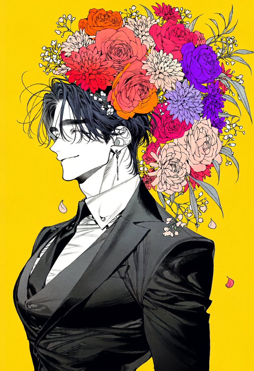 Un_jin_OAOa's tweet photo. 꽃을 얹은 남자 Prompt

strict side profile portrait, head tilted slightly upward, relaxed confident expression, faint smile,  enormous extravagant flower arrangement covering the top and back of the head, dense overflowing bouquet integrated around the hair, large roses, gerbera daisies, chrysanthemums, small wildflowers, long leaves and delicate flower stems,  bright red, coral, orange, magenta, violet and pale pink flowers, layered blossoms of different sizes, loose flower petals drifting through the air,  tailored black three piece suit, structured black blazer, fitted waistcoat, crisp white dress shirt, black necktie, sharp lapels, subtle silver tie pin,  elegant long earring, subtle silver accessories,  hair flowing backward behind the neck, flowers and hair creating a large dramatic silhouette,  chest up composition, strict side profile, character large in frame, flower arrangement occupying much of the upper half of the image,  solid vivid yellow background, clean empty backdrop,  bold saturated color contrast, vivid floral portrait, striking editorial composition,