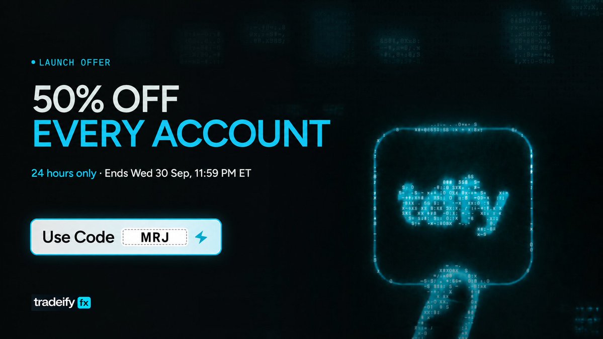 _0xMRJ's tweet photo. 🚀 TRADEIFY FX LAUNCH OFFER

🔥 50% OFF EVERY ACCOUNT

⏰ 24 HOURS ONLY
Ends Wed 30 Sep, 11:59 PM ET

🎟️ USE CODE: MRJ

🔗 Tradeify fx : https://t.co/o8dPzQHfve

#TradeifyFX #PropFirm #FundedTrader #Trading #Forex https://t.co/G5PSwxE5k0