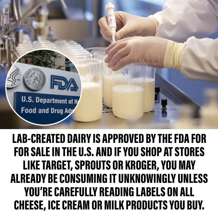 ValerieAnne1970's tweet photo. The FDA already green-lit lab-created dairy proteins made by genetically engineered fungi in steel tanks — and it is sitting on shelves at Target, Sprouts, and Kroger right now. Most shoppers will never know unless they read every label.

This is not plant milk. It is precision-fermented “animal-free” whey (beta-lactoglobulin) produced by modified microbes, then mixed into ice cream, “milk,” cream cheese, and protein products so it tastes and acts like cow dairy. The FDA does not require a special “lab-made” or “precision fermentation” disclosure. Many labels just say whey.

WHAT TO HUNT FOR ON THE INGREDIENT LIST:
• “Non-animal whey protein”
• “Animal-free whey protein”
• “Whey protein from fermentation”
• Plain “whey protein,” “whey protein isolate,” or “whey protein concentrate” with no farm/cow source listed
• Front-of-pack claims like “animal-free dairy,” “cow-free,” or “made without cows”
• Still says CONTAINS: MILK or CONTAINS: MILK PROTEIN — because the protein is the same allergen

If it doesn’t clearly say grass-fed, organic, or from cows/goats, treat “whey” as a red flag and look up the brand.

STORES ALREADY CARRYING THESE PRODUCTS (availability varies by location):
• Target
• Sprouts Farmers Market
• Kroger and banners
• Albertsons / Safeway / Vons / Jewel-Osco / Shaw’s / ACME

BRAND NAMES AND LINES TO WATCH OR AVOID IF YOU WANT REAL DAIRY FROM AN ANIMAL:
• Bored Cow (Tomorrow Farms)
• Nick’s vegan / animal-free ice cream line
• Brave Robot
• Coolhaus (animal-free lines)
• Betterland Milk
• Strive FREEMILK
• Nurishh Incredible Dairy
• Graeter’s Perfect Indulgence
• Select Breyers lactose-free products made with animal-free whey
• Protein products using Perfect Day / ProFerm whey (Myprotein Whey Forward, K-Tropix, Brickhouse Nutrition, NUR Protein, Set Protein)

If you want milk from a cow, buy organic or grass-fed dairy from a named farm and skip anything marketed as “animal-free dairy.” Read every cheese, ice cream, milk, and protein label. They are not required to make this obvious.