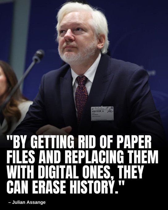 ValerieAnne1970's tweet photo. They already proved they can lock a publisher in a cell for years for showing the public what governments did in our name.

Now they’re quietly replacing paper archives with digital ones that can vanish overnight. No fire. No shredder. Just “page not found.” History rewritten. Sources unprotected. The record of power made editable by whoever holds the servers.

Julian Assange spent 14 years paying the price so the rest of us would still have a chance to see the original files. He’s free. The principle is not.

If we treat this as old news, the next leak doesn’t get published. It gets deleted before it ever exists.

Support the people who refuse to let the past become software.