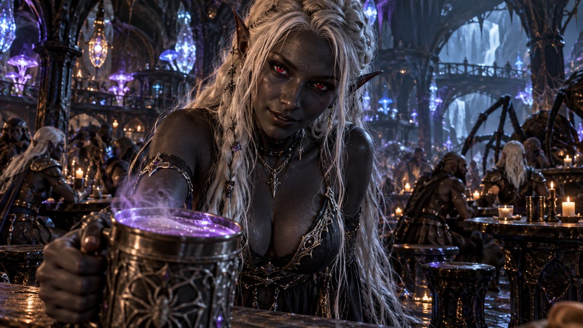 Splinter737's tweet photo. Ale and firelight collide, The Bar Wench’s Toast brings fantasy to life. From Elven hearths to Tiefling forges, Drow caverns to Orcish halls, each mug raised tells a story of magic, mischief, and mortal thirst. 🍺🔥 
#FantasyArt #EpicScene #TavernTales #8KRealism https://t.co/tmba0qkmFy