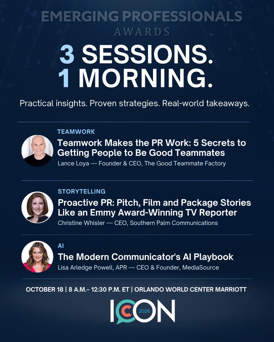 PRSA's tweet photo. 3 sessions. 1 morning. 💡

Start your ICON Sunday with breakfast, the Emerging Professionals Awards + practical sessions on teamwork, storytelling and AI.

📅 Oct. 18 | 8 a.m.–12:30 p.m. ET
📍 Orlando

Add it to your ICON registration:
https://t.co/qoRj0MG5j5

#ICON2026 #PRSA https://t.co/zM5h50VXBh
