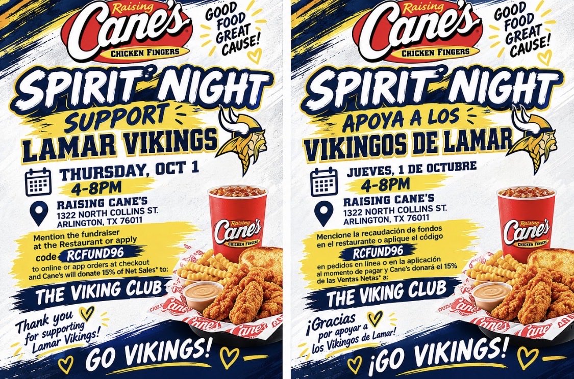 lamarvikings's tweet photo. 🚨🏈💙💛 VIKING NATION, LET’S MAKE SOME NOISE! 💛💙🏈

Dinner plans? We’ve got you covered! 🔥

Swing by Raising Cane’s, grab your favorites, and help support our Vikings! ⚔️

Bring the family, spread the word, and let’s show up BIG for Lamar! 🙌

#VFND #ELEVATE #WTD #VikingPride https://t.co/9VCMANAtS4