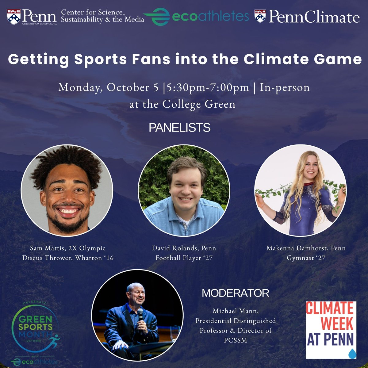 PennCSSM's tweet photo. Don't forget to register for our event "Getting Sports Fans into the Climate Game" with @ecoathletesteam &amp; Penn Climate to kick off Climate Week at Penn on October 5 at 5pm! Register here: https://t.co/IR5nzbOYGN
#climate #philly #ecoathletes #upenn
@MichaelEMann https://t.co/lCLimuHtNF