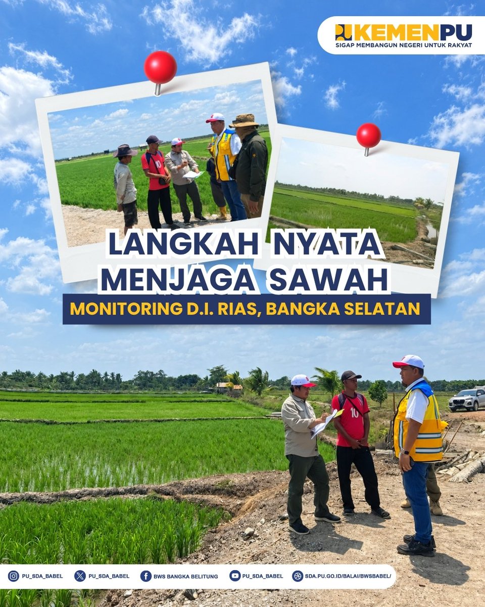 pu_sda_babel's tweet photo. Kementerian Pekerjaan Umum, Direktorat Jenderal Sumber Daya Air, melalui BWS Bangka Belitung melakukan monitoring langsung di Daerah Irigasi (D.I.) Rias, Kabupaten Bangka Selatan pada 28 September 2026.

#MengelolaAirUntukNegeri #KementerianPU #SigapMembangunNegeriUntukRakyat https://t.co/Ymtp6CQixk