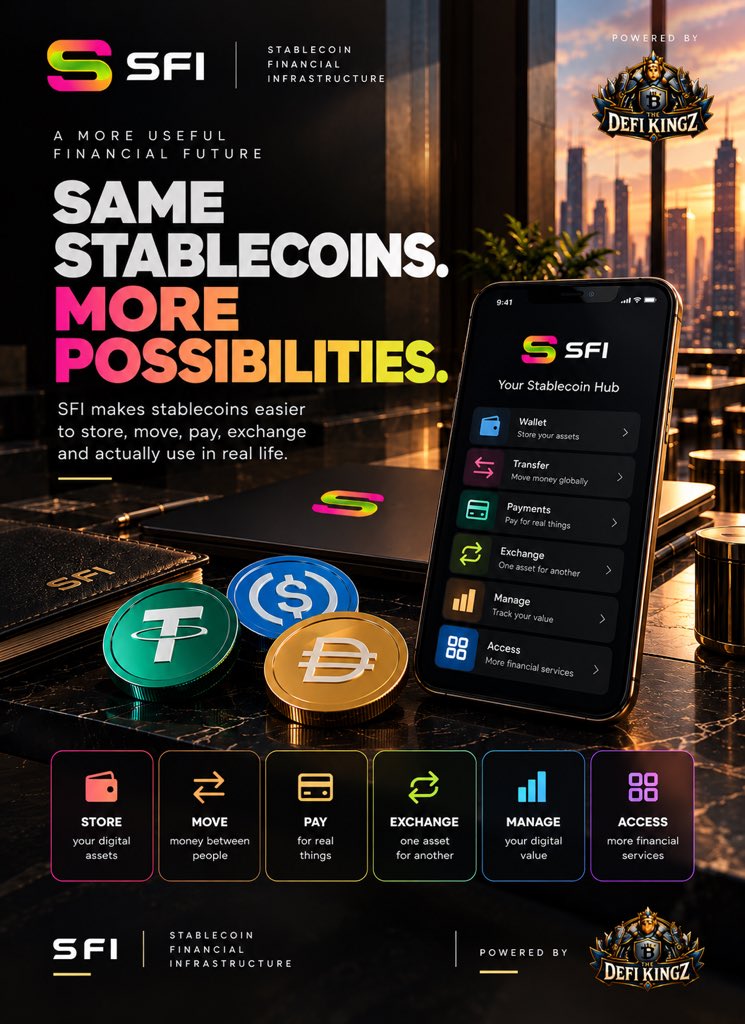 TheRealmOfDefi's tweet photo. STABLECOINS ARE HERE. SO WHAT’S STILL MISSING?

Let’s make this simple.

Imagine you have $100 in digital dollars.

You can hold it.
You can send it.
But what happens when you want to actually use that value as part of your everyday financial life?

This is where things can become complicated.

You may need different platforms to:

→ Store your digital assets
→ Move money between people
→ Make payments
→ Exchange one asset for another
→ Manage your digital value
→ Interact with different financial services

The problem isn’t necessarily the existence of digital money.

The problem is the infrastructure around it.

Think about the internet.

Having an internet connection is one thing.

Having the websites, apps, payment systems, communication tools and services that make the internet useful is another.

SFI — Stablecoin Financial Infrastructure — is built around this idea.

Instead of looking at stablecoins simply as something you hold, SFI focuses on building infrastructure around them so digital value can become more usable, connected and practical.

That means thinking beyond:

“I have a stablecoin.”

And asking:

“What can I actually do with it?”

That’s the bigger picture behind SFI.

It’s about creating an ecosystem where stablecoin-based value can move beyond simply sitting in a wallet and become part of a broader financial experience.

And this is only the beginning.

In the next post, we’ll break down exactly how SFI works and where its different components fit into the ecosystem.

#SFI #Stablecoin #Stablecoins #Web3 #DeFi #Crypto #Blockchain #DigitalFinance