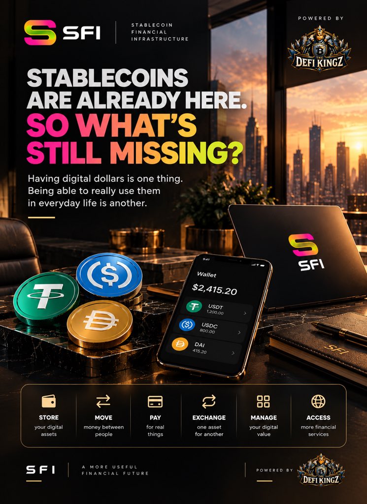 TheRealmOfDefi's tweet photo. STABLECOINS ARE HERE. SO WHAT’S STILL MISSING?

Let’s make this simple.

Imagine you have $100 in digital dollars.

You can hold it.
You can send it.
But what happens when you want to actually use that value as part of your everyday financial life?

This is where things can become complicated.

You may need different platforms to:

→ Store your digital assets
→ Move money between people
→ Make payments
→ Exchange one asset for another
→ Manage your digital value
→ Interact with different financial services

The problem isn’t necessarily the existence of digital money.

The problem is the infrastructure around it.

Think about the internet.

Having an internet connection is one thing.

Having the websites, apps, payment systems, communication tools and services that make the internet useful is another.

SFI — Stablecoin Financial Infrastructure — is built around this idea.

Instead of looking at stablecoins simply as something you hold, SFI focuses on building infrastructure around them so digital value can become more usable, connected and practical.

That means thinking beyond:

“I have a stablecoin.”

And asking:

“What can I actually do with it?”

That’s the bigger picture behind SFI.

It’s about creating an ecosystem where stablecoin-based value can move beyond simply sitting in a wallet and become part of a broader financial experience.

And this is only the beginning.

In the next post, we’ll break down exactly how SFI works and where its different components fit into the ecosystem.

#SFI #Stablecoin #Stablecoins #Web3 #DeFi #Crypto #Blockchain #DigitalFinance