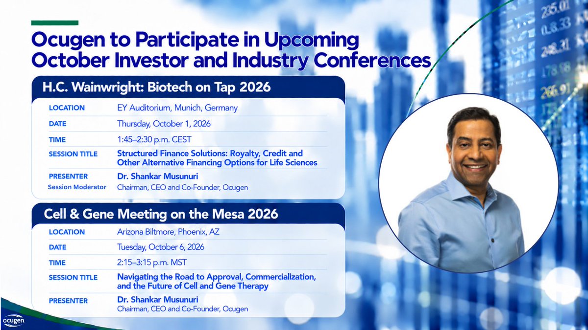 Ocugen's tweet photo. Ocugen CEO @drsmusunuri will participate in @HCWCO: #Biotech on Tap and the Cell &amp; Gene Meeting on the Mesa this October, sharing updates on our gene therapy programs with the investment community. @alliancerm #CGMesa26 #InvestorRelations $OCGN

Read: https://t.co/F50FCTtbcX https://t.co/sbYhTKhwTr