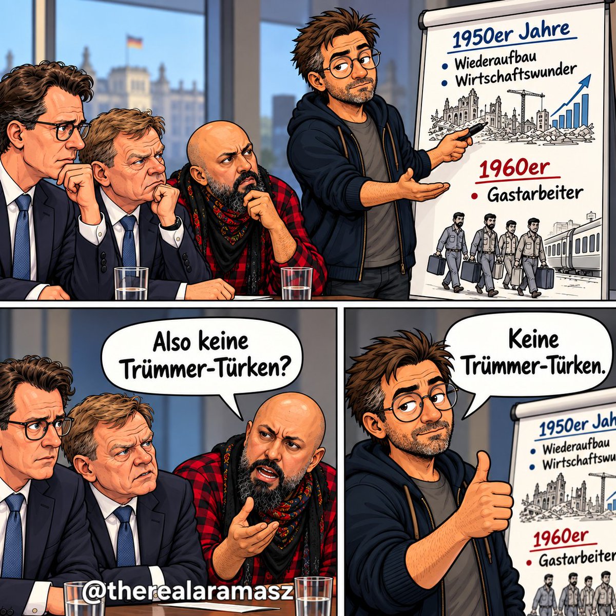therealaramasz's tweet photo. Kleine Nachhilfestunde für Politiker, anlässlich Wüsts Türkeireise. 🤡

1950er: Wiederaufbau und Wirtschaftswunder.
1960er: Anwerbeabkommen mit der Türkei.

#Geschichte #Wirtschaftswunder #Gastarbeiter #Politik #Satire

Sehr lesenswerte Inspirationsquelle: Schluss mit der Gastarbeiter-Lüge: Nein, die Türken haben Deutschland nicht aufgebaut https://t.co/TbxVM6mTVi