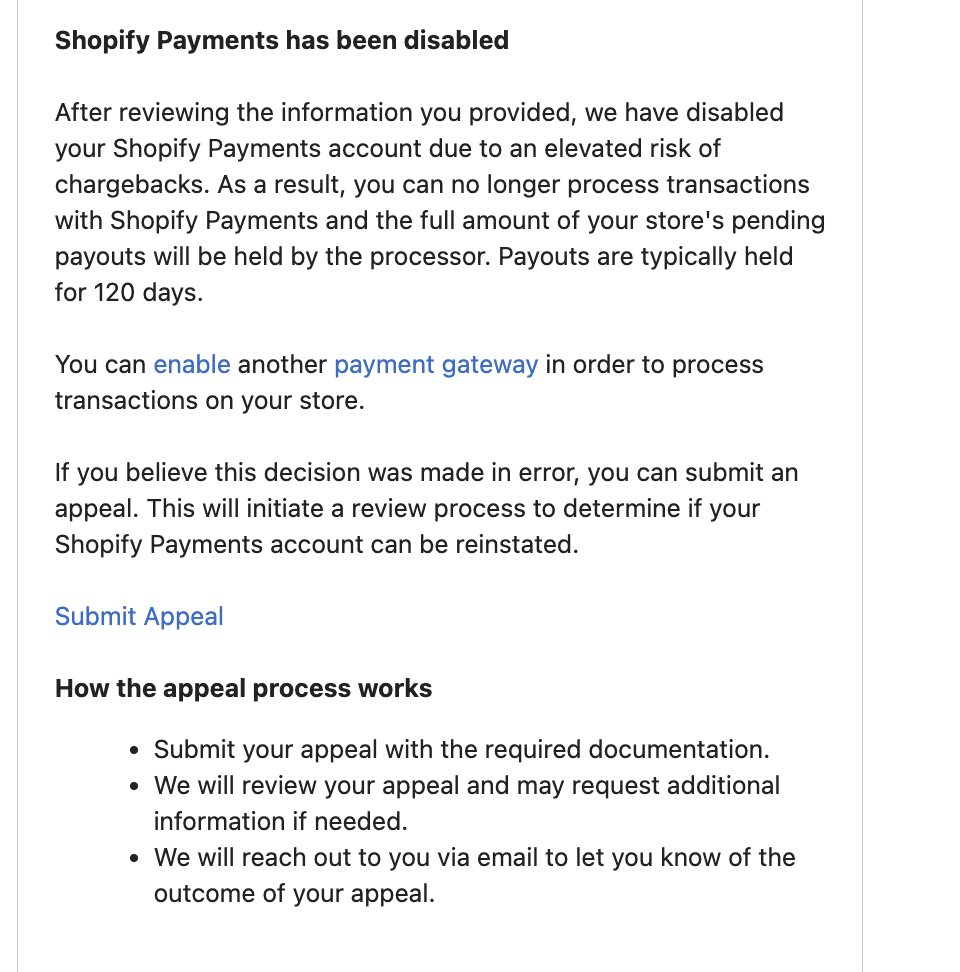 victorpezak's tweet photo. I just went through Shopify verification TWICE.

EVERY TRACKING NUMBER, PROOF OF INVENTORY...

For some reason, they still disabled Shopify Payments.

What am I supposed to do? Just accept it?

There’s no guarantee this won’t happen again on another store. https://t.co/nL1IKOKqC4
