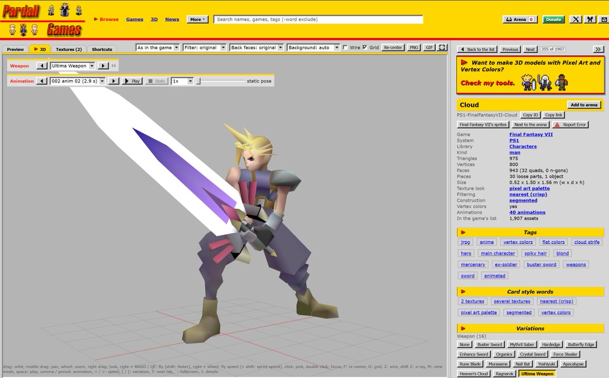 asanagi's tweet photo. 海外の有志の方が、FF7のアセットをWebで閲覧できるサイトを公開！キャラクターモデル、マップ、バトルステージ、プリレンダ背景、召喚アニメーション等など

キャラは武器の付け替えやアニメーションの再生も可能 https://t.co/0PvnSHJ31V