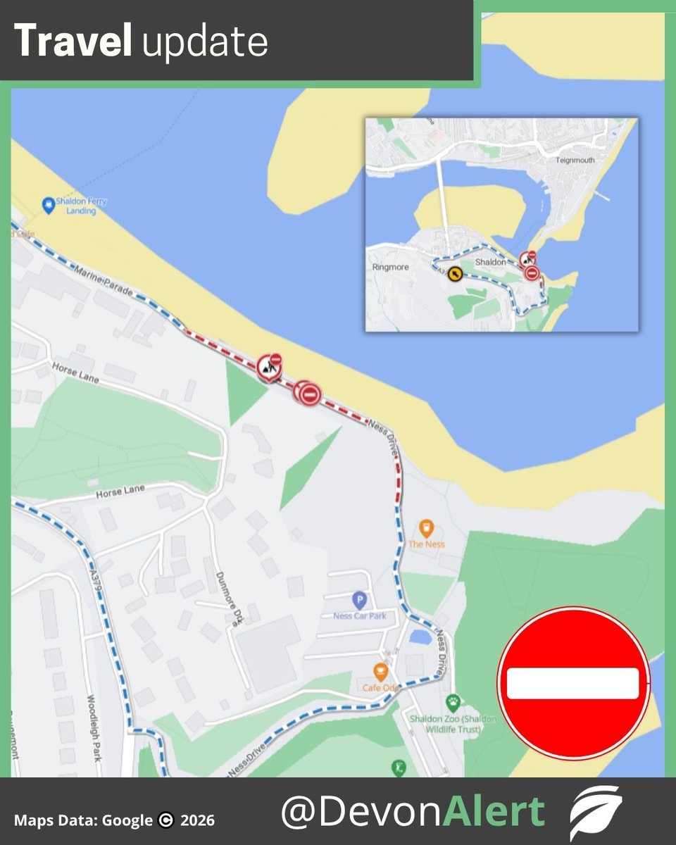 DevonAlert's tweet photo. 29/9/2026
Work has started on Marine Parade in Shaldon for cliff stabilisation works.
Diversions are in place for motorists with a free shuttle bus from The Ness car park to The Strand for pedestrians. Details available on https://t.co/mCpFjqCyKP.
Works to last around 8 weeks. NG https://t.co/mRtSqp2w1U