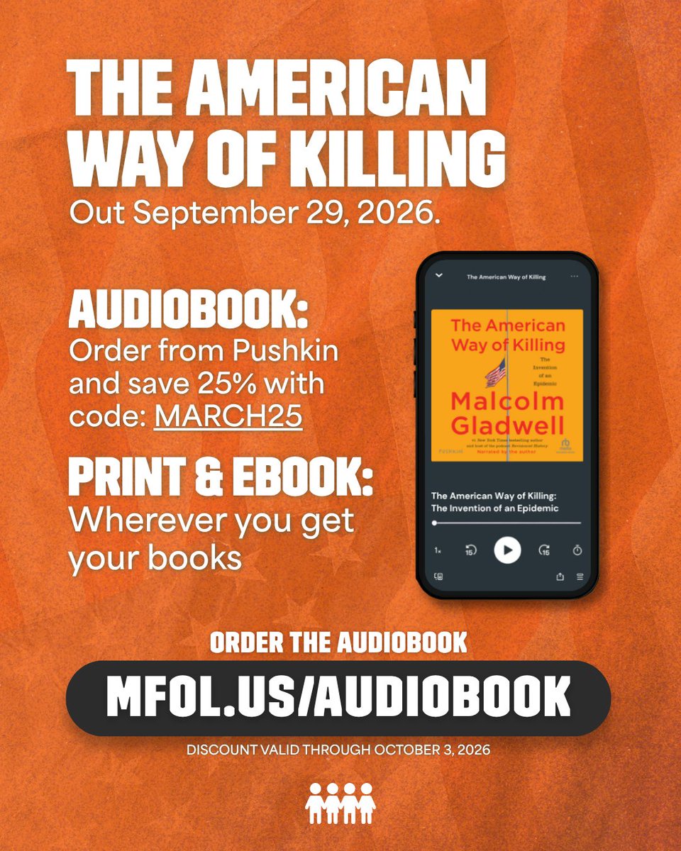 AMarch4OurLives's tweet photo. America doesn't have more crime than other wealthy nations. It has more killing.

A new book by @Gladwell is about why. He explores how the world's wealthiest country came to suffer from a problem typically only seen in the world's poorest countries.

He approaches it through a series of stories. What can we learn from the miracle of a young gunshot victim in Washington, D.C.? How have the legal troubles of a seventeenth-century English knight influenced American attempts at gun control? Why would a European police chief be baffled by the graduation ceremony at any American police academy?

Gladwell travels from a shooting range in North Carolina, to the South Side of Chicago, to an old plantation house in Alabama, painting a picture of a country that does not understand its most pressing social problem, and as a result, does not understand how to fix it.

The American Way of Killing is out now. Use code MARCH25 for 25% off the audiobook from @pushkinpods, through October 3: https://t.co/KtIVGcDywU