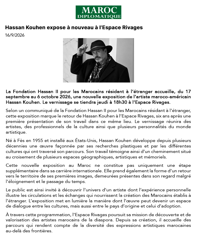 FH2MRE_MA's tweet photo. Revue de presse de l’exposition de Hassan Kouhen - Maroc diplomatique
https://t.co/CjFiuUM7Pa
#Art #Exposition #Vernissage #Culture #FH2MRE #EspaceRivages https://t.co/s9vgVa53a2