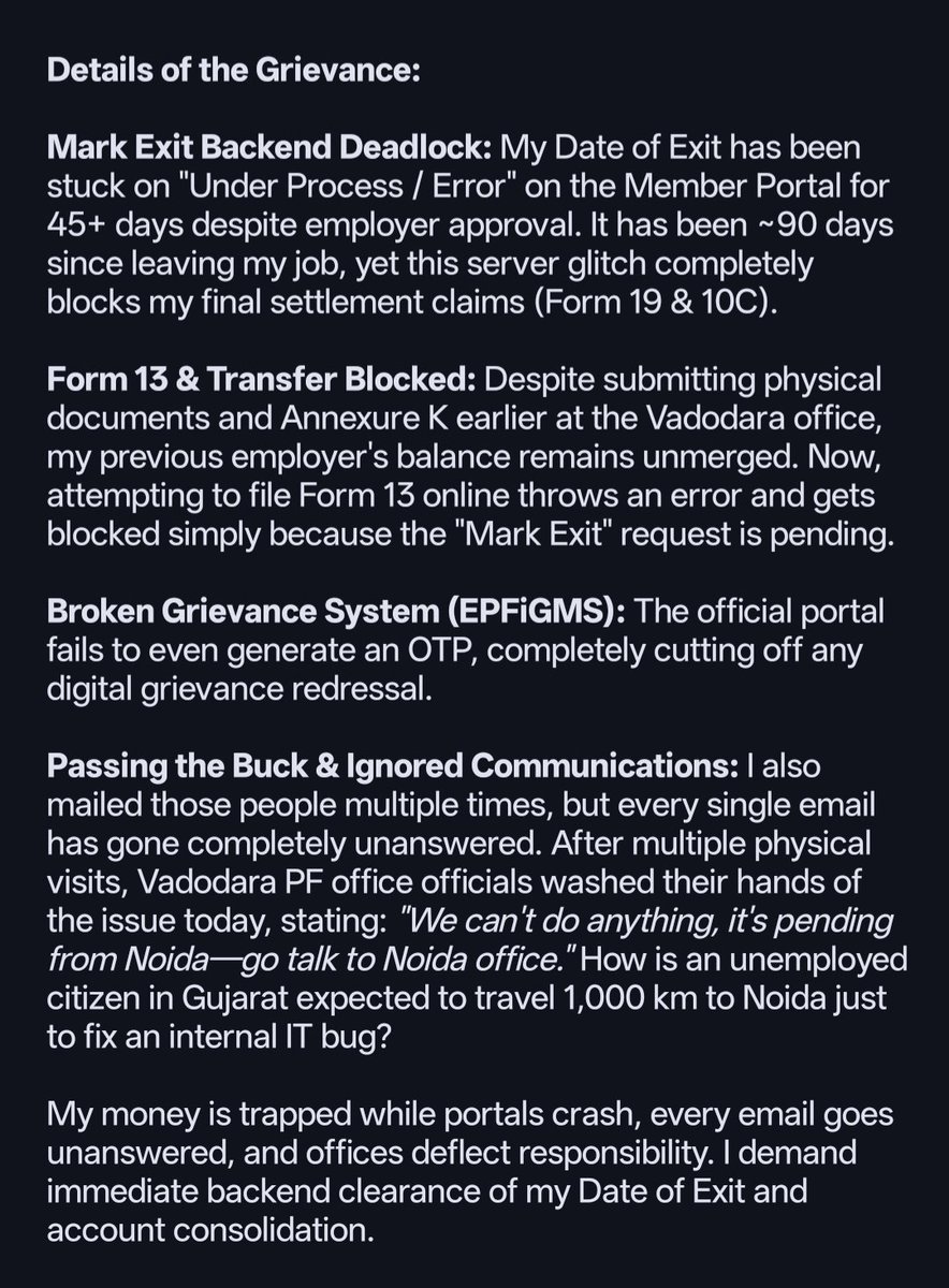 RajputSunishtha's tweet photo. To @socialepfo @epfonoida @EpfoVadodara @LabourMinistry @mansukhmandviya @cpgrams @cpgrams_goi @ro_vadodara
I have been unemployed for three months yet EPFO's ongoing portal glitches and bureaucratic delays are completely blocking access to my own savings @ShobhaBJP @narendramodi https://t.co/EYvHbnWqVV