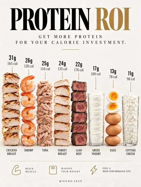 nevmed's tweet photo. I LOVED this simple layout for showcasing the protein ROI (return on investment) for different foods.

This same post also had a bunch for carbs and others.

Sometimes I see easy visuals like this and instantly learn something new.

From: Nicko Dumadaug https://t.co/uFrmeQyTYR