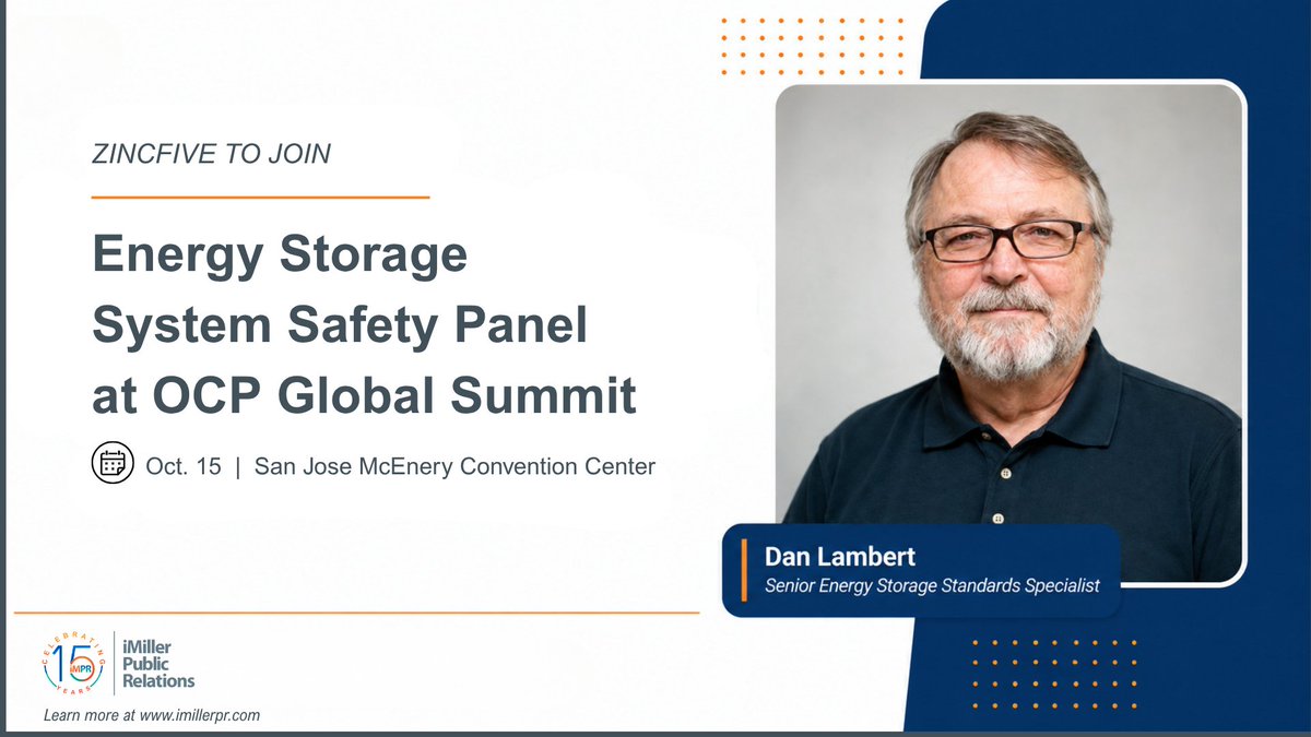 iMillerPR's tweet photo. At @OpenComputePrj Global Summit 2026, @zincfiveinc's Dan Lambert will join industry leaders to discuss evolving safety standards for energy storage systems in data centers and efforts to build global best practices.

Get the details: https://t.co/7GThZV1mO7 #iMPR #OCPSummit26 https://t.co/n7gNumyDN0