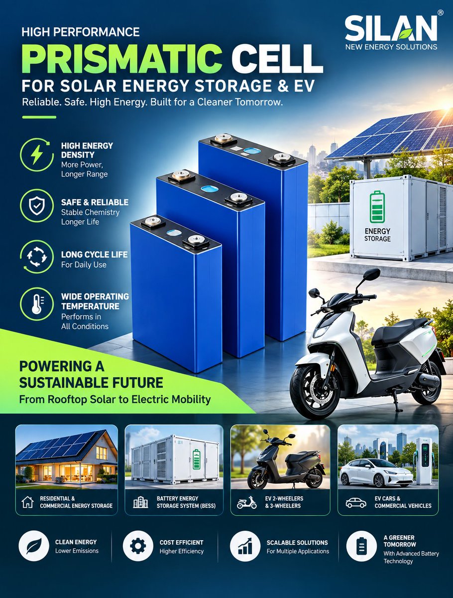 silantech's tweet photo. From ☀️ solar energy storage &amp; BESS to 🛵 EV 2/3-wheelers and 🚗 electric vehicles, SILAN Prismatic Cells are designed for:
⚡ High energy density
🛡️ Reliable performance
🔄 Long cycle life
From rooftop solar to electric mobility — one battery technology, multiple possibilities. https://t.co/D7k2mft1Tp